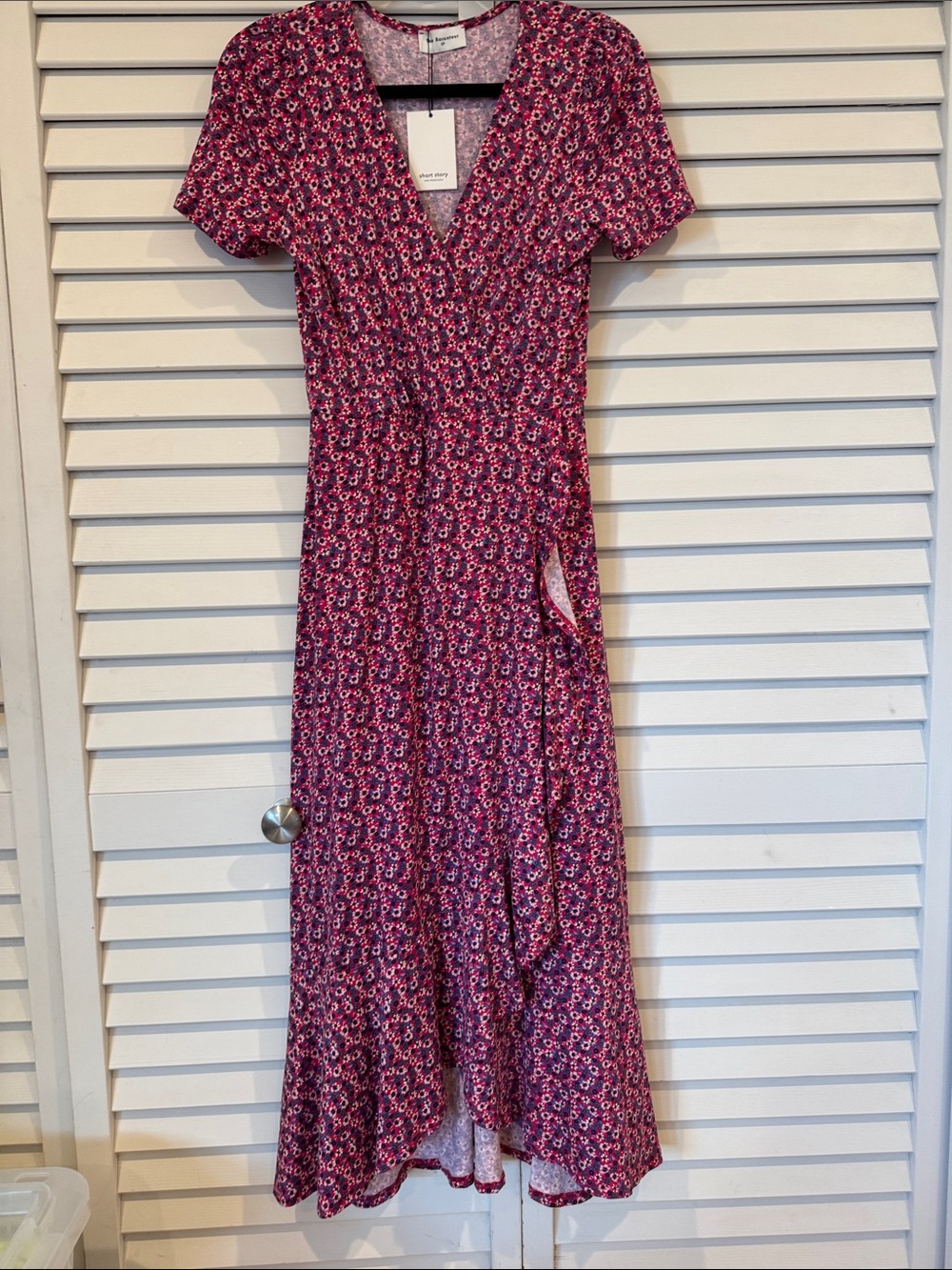 Knit Pink Floral High-Low Faux Wrap Dress from Short Story NWT